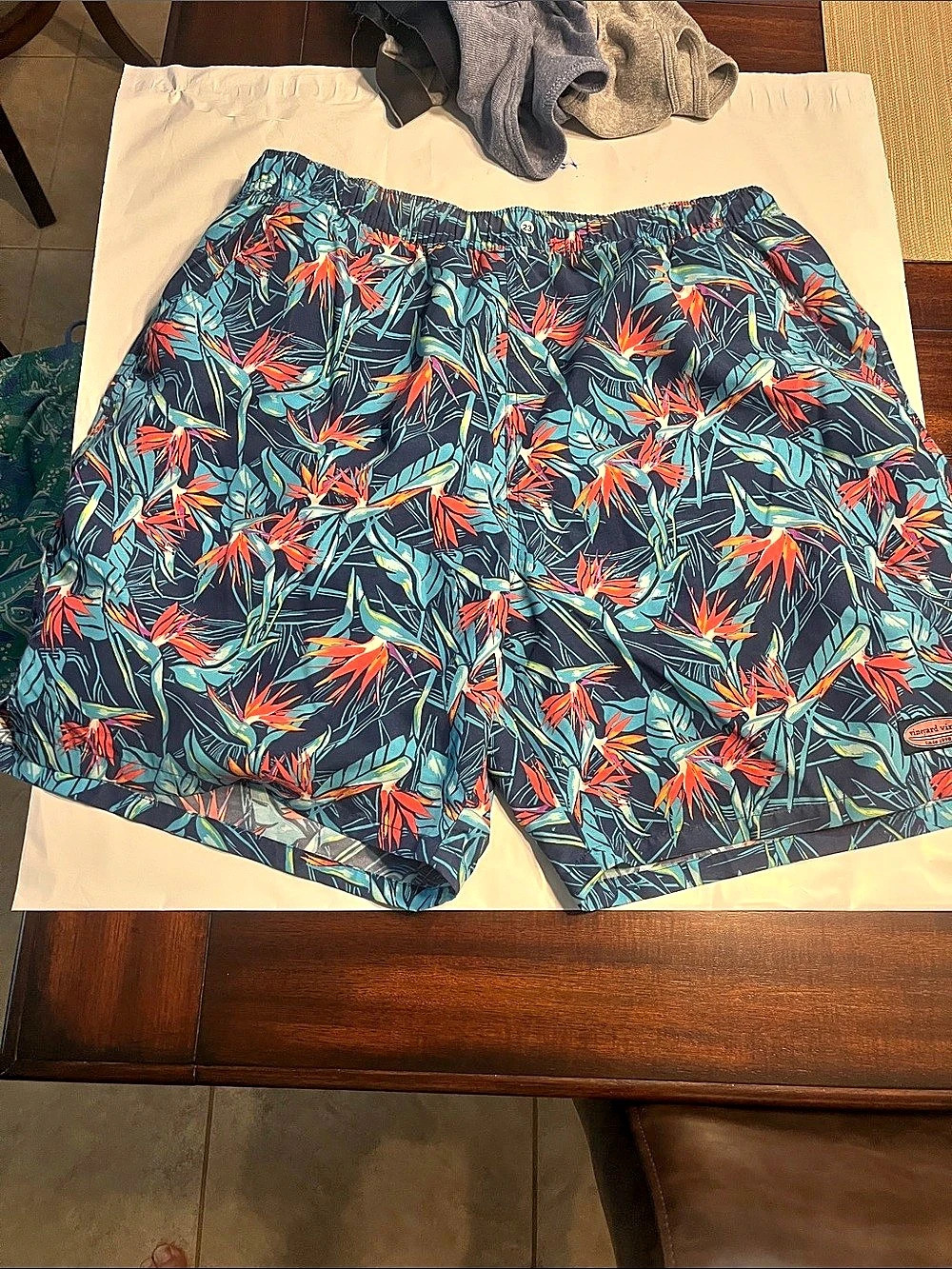 Vineyard Vines Birds of Paradise Chappy Swim Trunks Blue & Orange Large